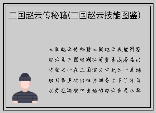 三国赵云传秘籍(三国赵云技能图鉴)